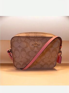 Coach Mini Camera Bag In Signature Canvas and Pink leather.